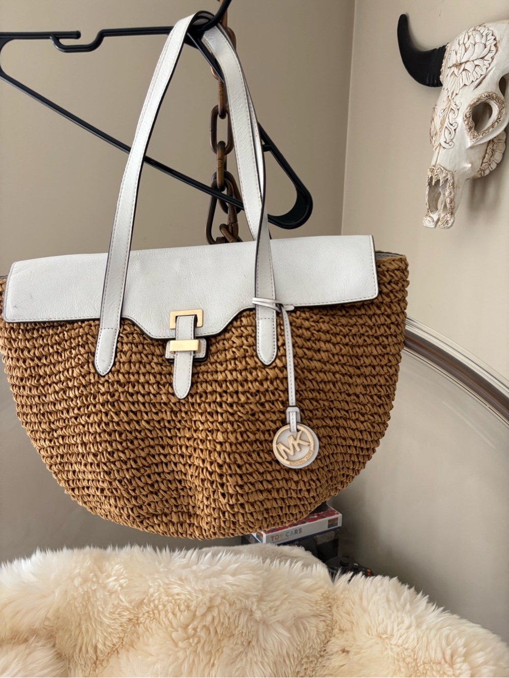 Michael Kors White & Brown Woven Straw Tote with Gold MK Charm